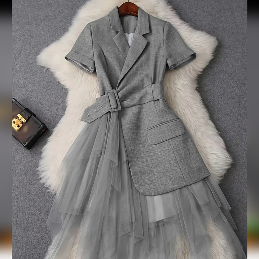 Elegant Gray Women's Blazer Dress